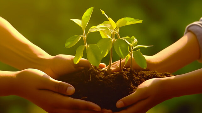 Hands holding young plant on green nature background. Concept eco earth day. Banner. Generative AI