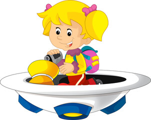 Cartoon kid on a toy funfair space ship or star ship amusement park or playground isolated illustration for children