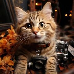 cute yellow cat as a photographer holding a camera in his paws and smiling created with Generative AI Technology