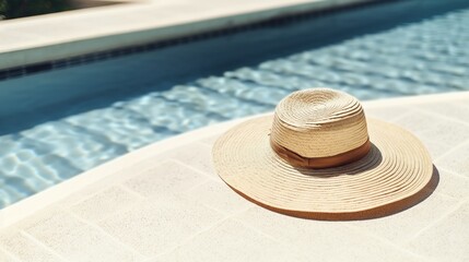 Fototapeta na wymiar Straw Hat near Swimming Pool - Generative ai