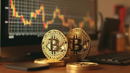 Fototapeta na wymiar Bitcoin Coins on a deck with a Chart - generative ai