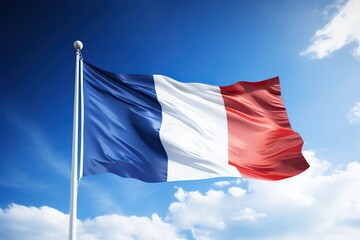 Naklejka na ściany i meble Vibrant Blue Sky Embraces the Proud French Tricolor Flag - Generative ai