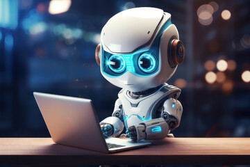A cute little robot with a laptop is sitting at the table. AI generative.