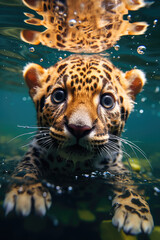ace of a cute tiger leopard cub is diving above the surface of the river water created with Generative AI Technology