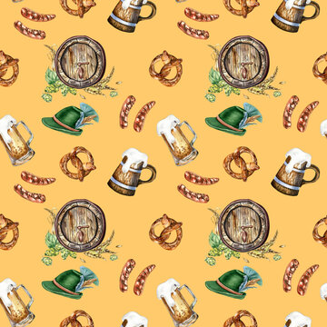 Wooden beer barrel and mug, german hat watercolor seamless pattern isolated on beige. Hop, wheat ear, pretzel, sausages hand drawn. Design for brewing, wrapping, label, packaging, paper, background