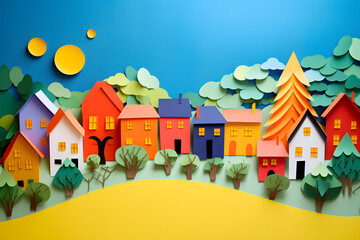 Children paper cut of supermarket, village, tree, red, child, illustration 