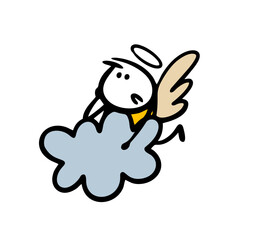 Worried stickman angel is hiding in the sky on a cloud. Vector illustration of a religious character from the Bible.
