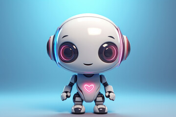Little cute robot with glowing heart. AI generative.