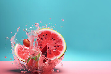Watermelon juice splash. Refreshing summer combination with grapefruit and mint. Image with copy space, blue and pink background.