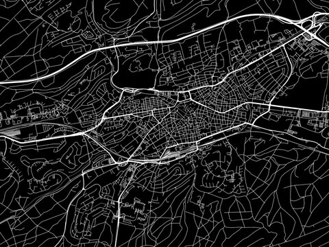 Vector road map of the city of  Kaiserslautern in Germany on a black background.