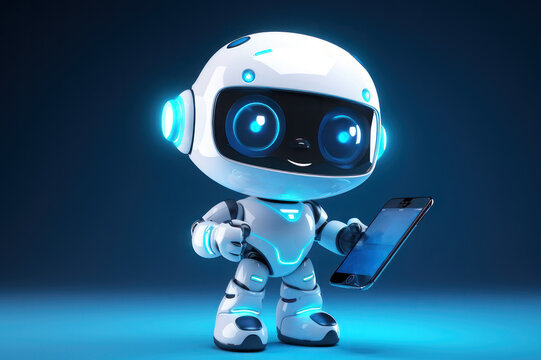 Little cute robot is holding a smartphone. AI generative.