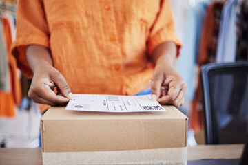 Hands, label or woman with box for delivery, shipping or package with logistics in ecommerce in...