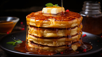 A stack of fluffy pancakes with a pat of melting butter and a drizzle of maple syrup