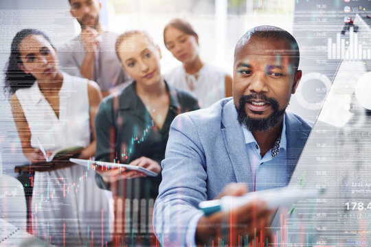 Business, double exposure or black man with a presentation, team or digital planning with accounting, stock market or investment. Hologram, trade and staff with a ceo, budget or finance with trading
