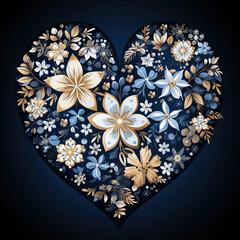 A floral heart on a dark blue background. Generative AI. Wintertime, stars and snowflakes.