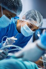Medical tools, theatre and doctors or woman for hospital support, teamwork and emergency healthcare...