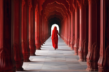 A woman in a red sari in an ancient Indian temple. Generative AI. - obrazy, fototapety, plakaty