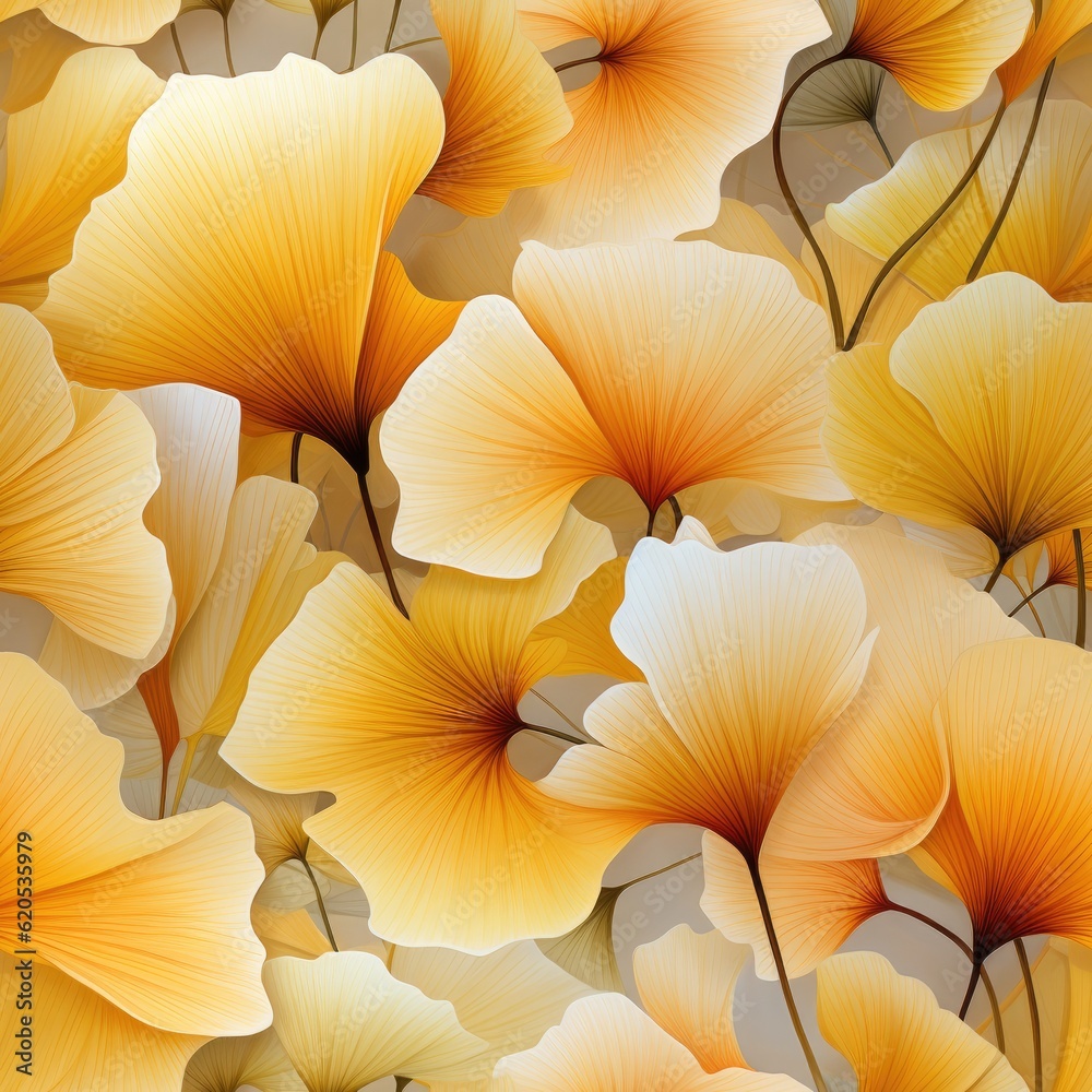 Poster Ginkgo biloba yellow leaves seamless pattern. Generative AI