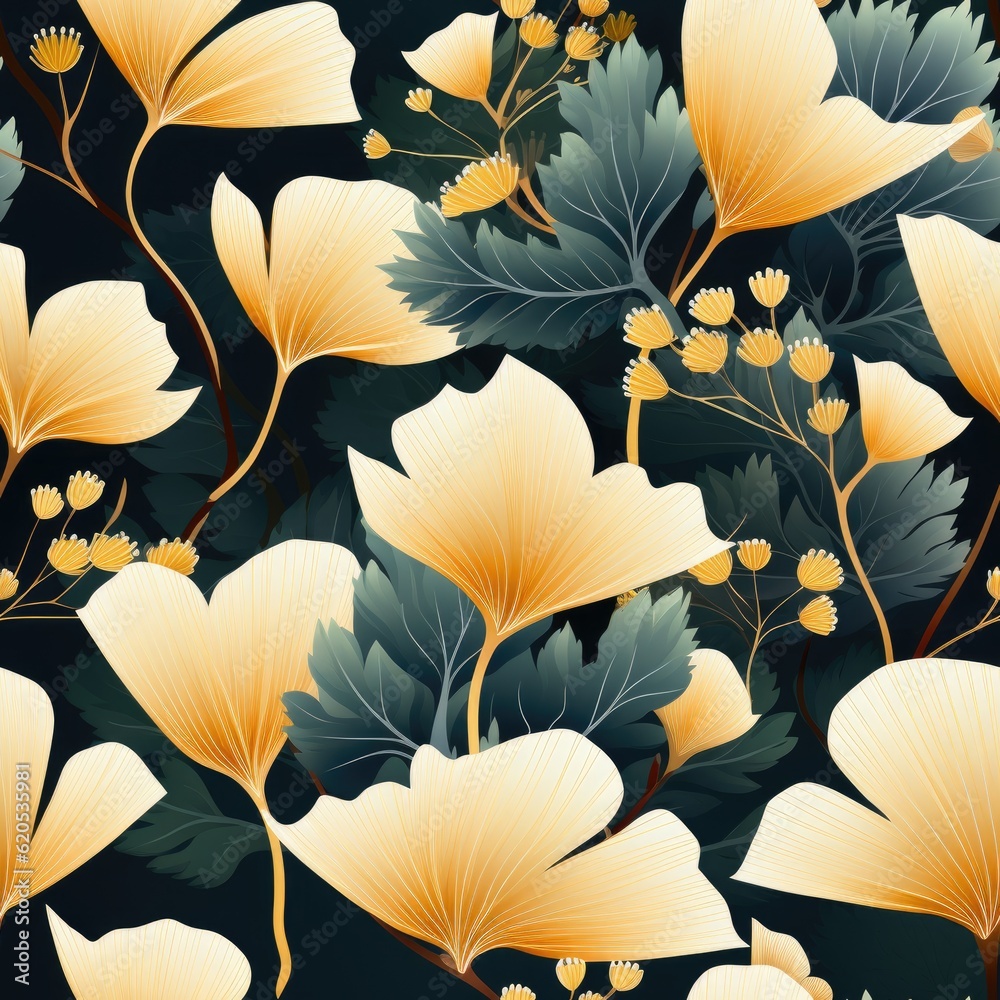 Poster Ginkgo biloba leaves seamless pattern. Generative AI