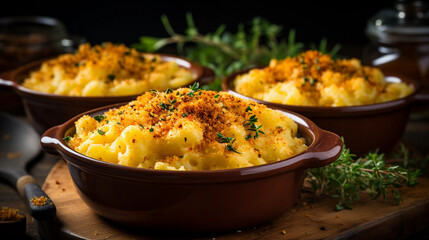 A bowl of comforting macaroni and cheese, baked to golden perfection with a crispy breadcrumb topping.