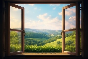 Fototapeta na wymiar View from the window of the beautiful green landscape. Generative AI