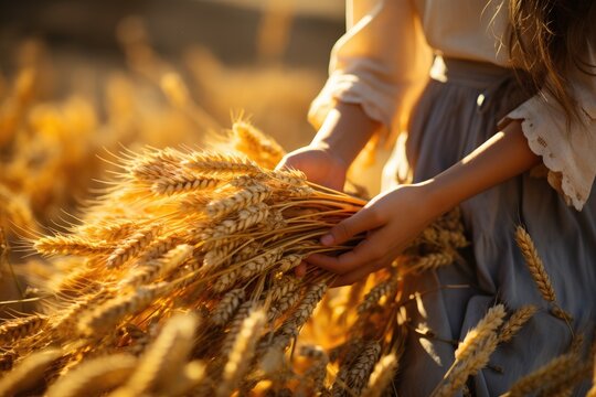 Woman holds an ear of golden wheat. Rural scene. Generative AI