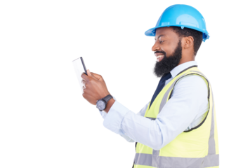 Tablet, construction and building with an engineer black man isolated on a transparent, png background. Internet, research and project management with a male technician or contractor in engineering