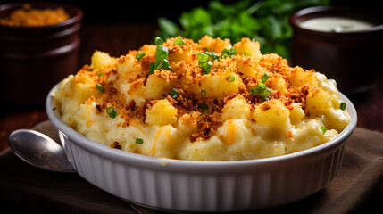 A bowl of comforting macaroni and cheese, baked to golden perfection with a crispy breadcrumb topping.