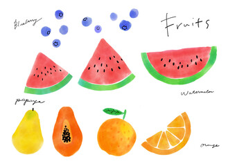 Cute hand-drawn summer fruit illustration set: watermelon, orange, papaya, blueberry. Heartwarming illustrations.　かわいい手書きの夏のフルーツイラストセット、スイカ、オレンジ、パパイヤ、ブルーベリー。ほっこりイラスト。