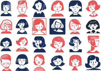 Fototapeta premium set of male and female portraits avatars that remind us vintage children books but at the same time illustrations look modern, Hand Drawn, minimal, monochrome linocut, vector