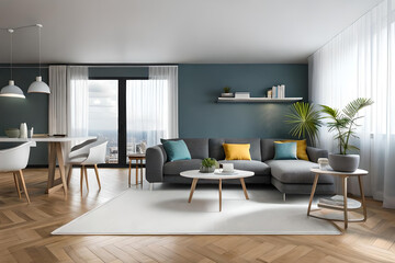 The Scandinavian interior design of the modern spacious living room
