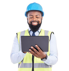 Black man, tablet and construction with smile, engineer with digital blueprint and architecture on png transparent background. Male architect, project management with design app and online plan