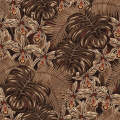 Brown camo pattern with tropical leaves, orchyds © OA_Creation