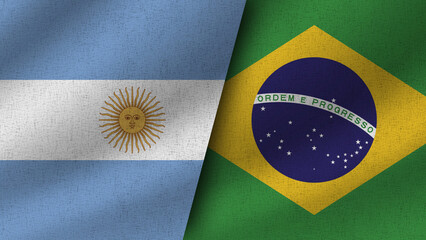 Brazil and Argentina Realistic Two Flags Together, 3D Illustration