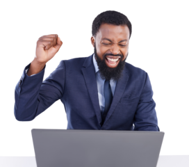 Winning, laptop and black man for trading or success for stock market or business bonus. Yes, excited and African winner on pc sales, profit or celebration isolated on transparent png background