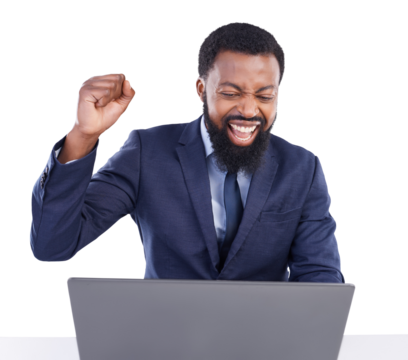 Winning, laptop and black man for trading or success for stock market or business bonus. Yes, excited and African winner on pc sales, profit or celebration isolated on transparent png background