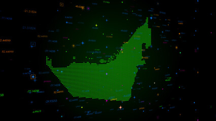 Futuristic Green Shiny Digital Technology Hud Dots Mosaic Grid United Arab Emirates Map Perspective View With Numeric Tech Particles Background