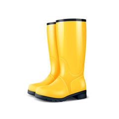 Yellow realistic rubber boots, for garden, vegetable garden and autumn rainy weather. On a white background.