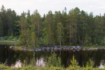 Mountain, northern rivers with rocks and a waterfall. Republic of Karelia