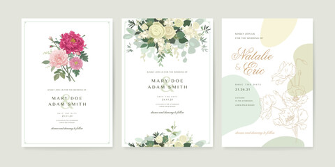 Fototapeta na wymiar Beautiful floral wedding invitation card template design. Hand drawn flowers bouquet decoration. Save the date card set. Vector illustration