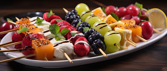 A platter of colorful fruit skewers, featuring a variety of fresh fruits and a drizzle of yogurt sauce