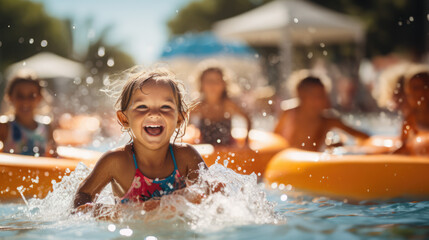 Water Park Adventure. Wide-angle photo of a kid swimming in a vibrant water park-themed setting. Fun-filled aquatic excitement concept. AI Generative	

