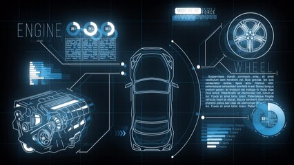 Car HUD Screen. Futuristic motion graphic video with an animated car, engine, wheel and digital data: analysing, loading information process. - Powered by Adobe