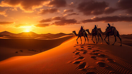 Fototapeta na wymiar Captivating Sahara Desert, camel, caravan, breathtaking landscape, Generative AI illustration