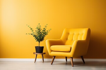 Yellow armchair book and plants decorate a living room Generative AI

