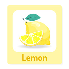 Educational cards for kids with ripe yellow lemon. Fruit alphabet. Preschool education. Vector illustration.