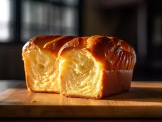 Fotobehang brioche with a golden crust and soft, fluffy interior on a wooden table © bartjan