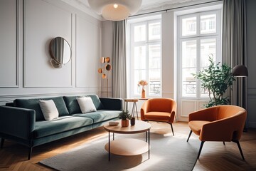 Fototapeta na wymiar Bright living room with sofa and armchairs Generative AI 