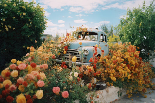 Overgrown truck with flowers in the garden