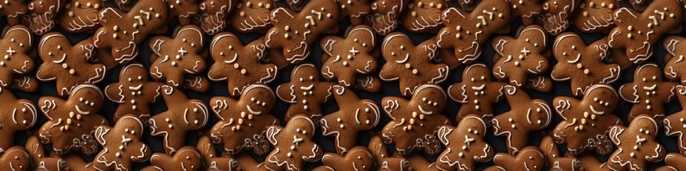 Gordijnen Christmas food bakery bake baking photography background texture - Closeup of many gingerbread men cookies, top view, seamless pattern (Generative Ai) © Corri Seizinger
